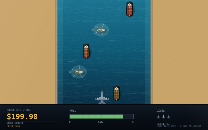 Petro Raid: an F-16 over a desert river with oil tankers, a battleship and a helicopter.