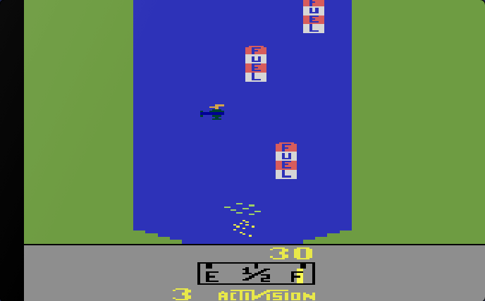 River Raid: the original 160 x 199 pixel river between green banks.